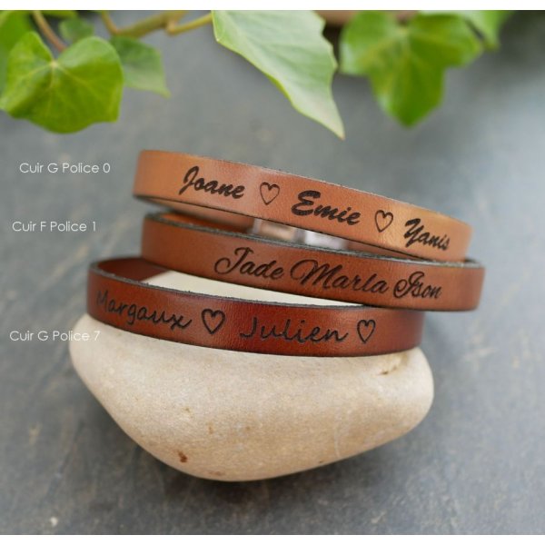 Leather bracelet personalized man or woman engraved with names or message
