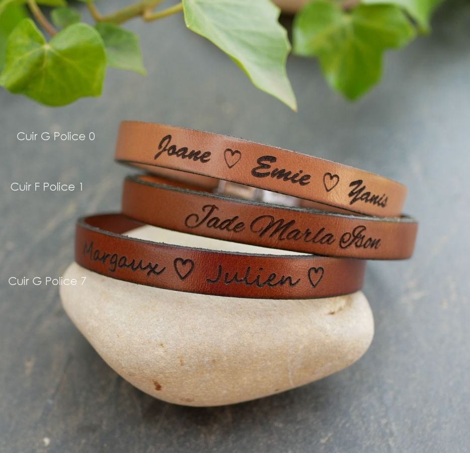 Leather bracelet personalized man or woman engraved with names or message