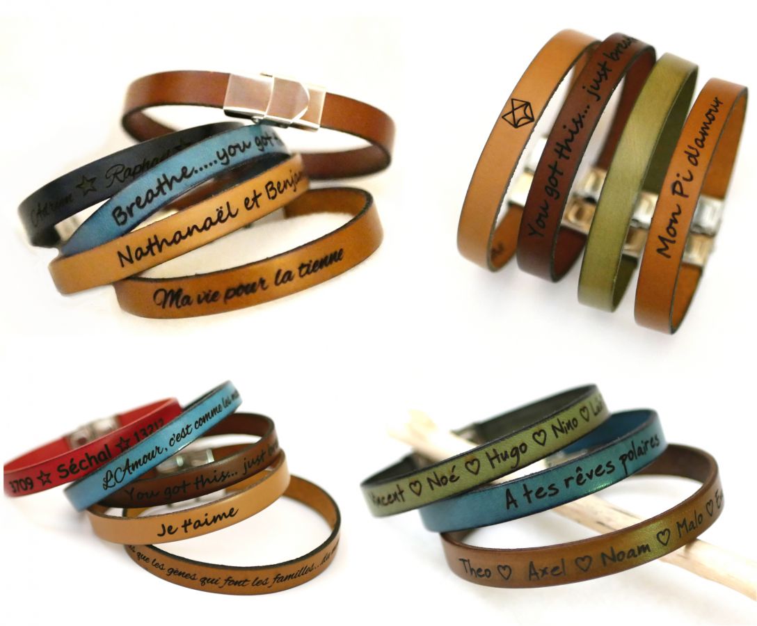 Leather bracelet personalized man or woman engraved with names or message