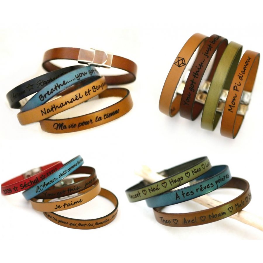 Leather bracelet personalized man or woman engraved with names or message