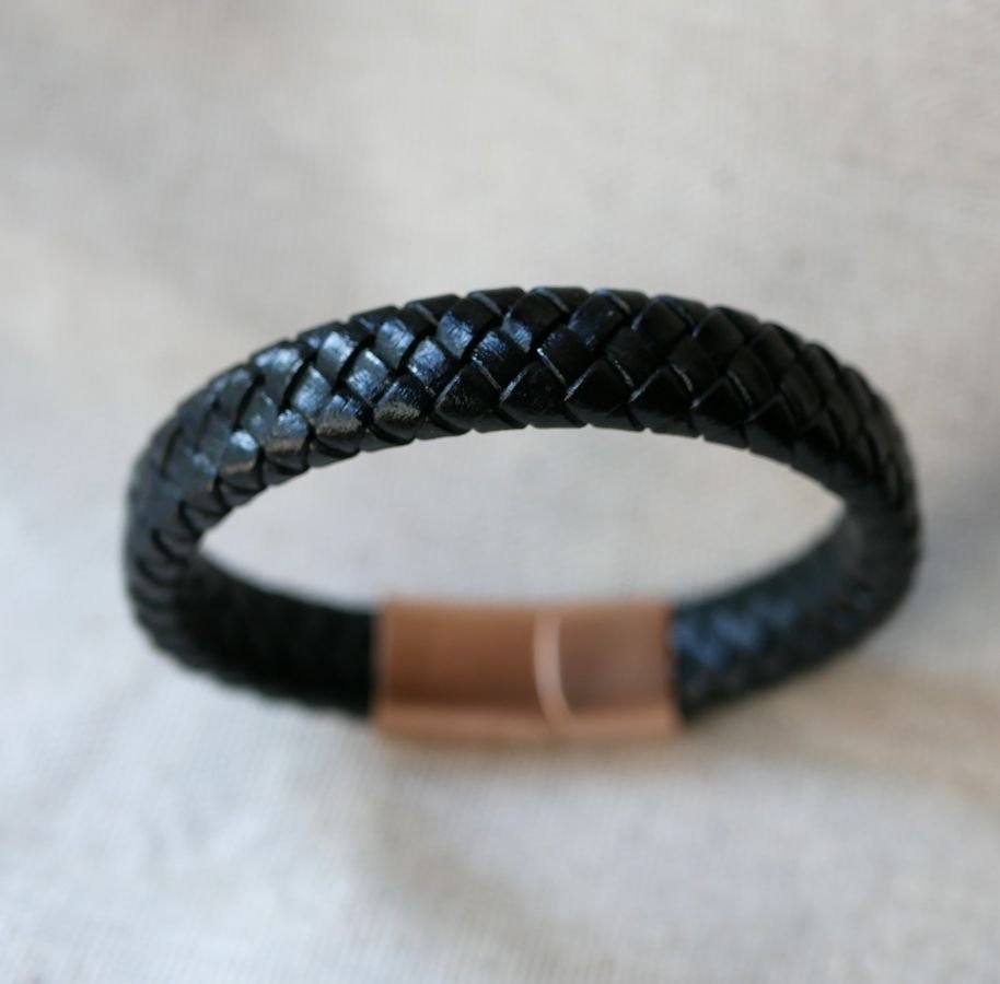 Black leather bracelet braided steel clasp Rose Gold magnetic