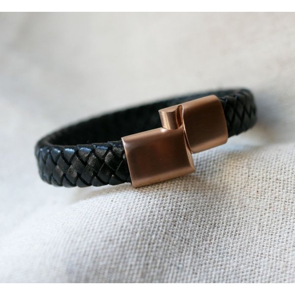 Black leather bracelet braided steel clasp Rose Gold magnetic