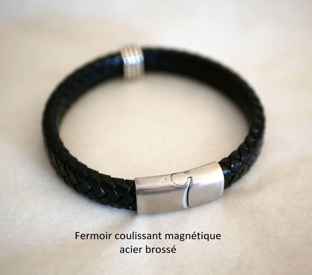 Men's black braided leather strap with magnetic steel zipper clasp