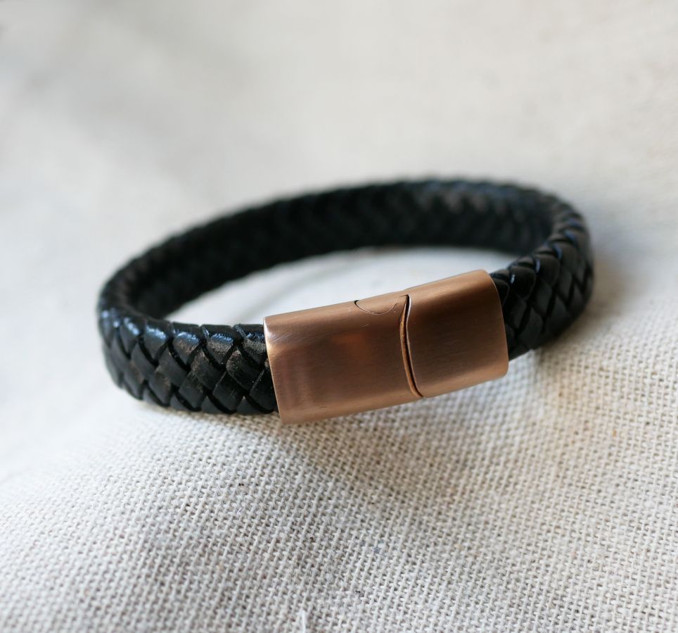 Black leather bracelet braided steel clasp Rose Gold magnetic