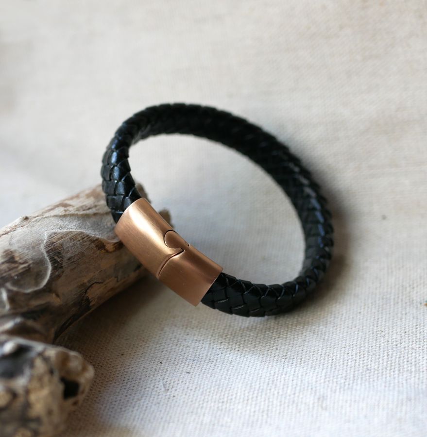 Black leather bracelet braided steel clasp Rose Gold magnetic