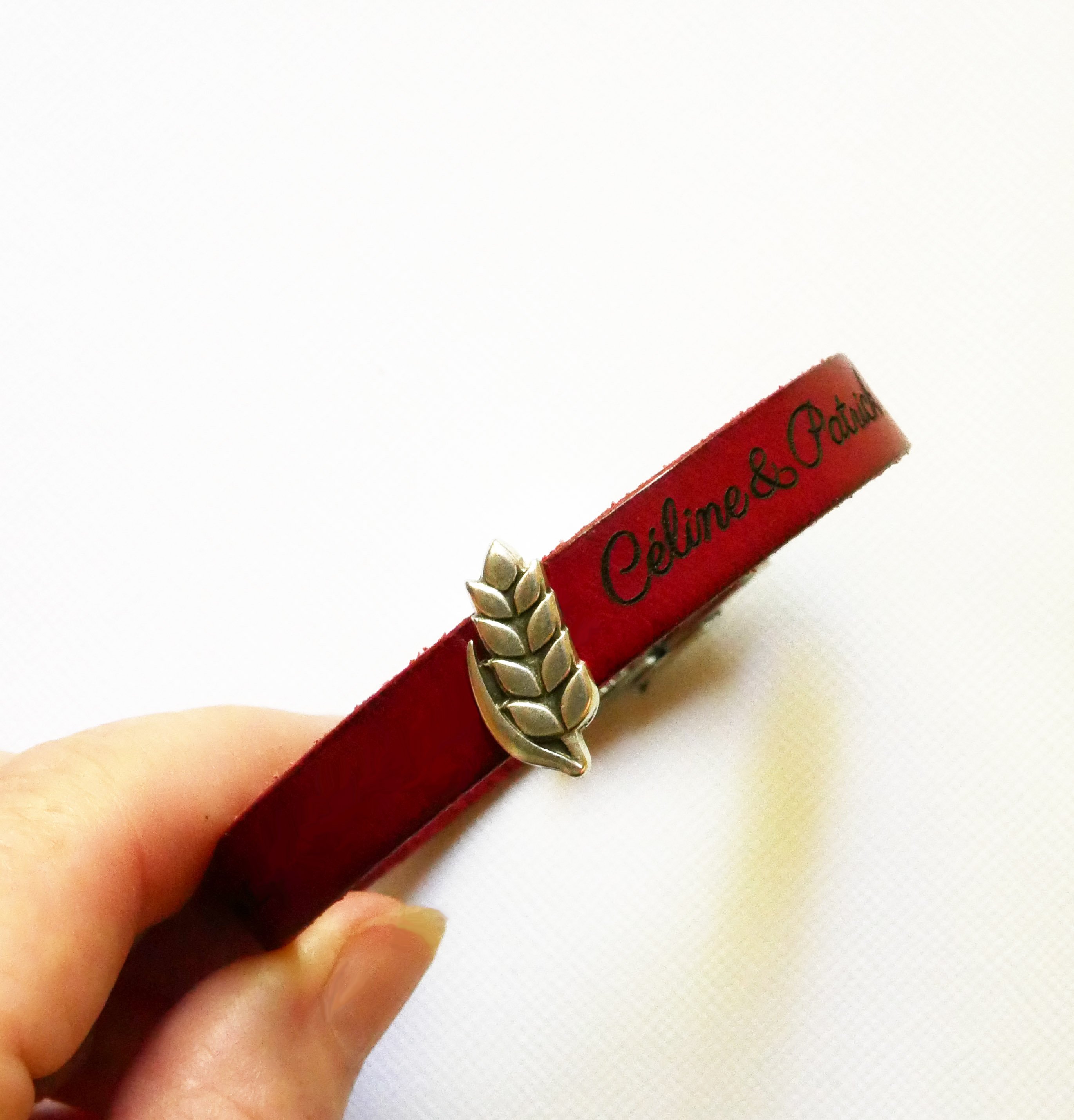 Customizable leather bracelet and loop Epi de bl&eacute;, noces de froment for men and women