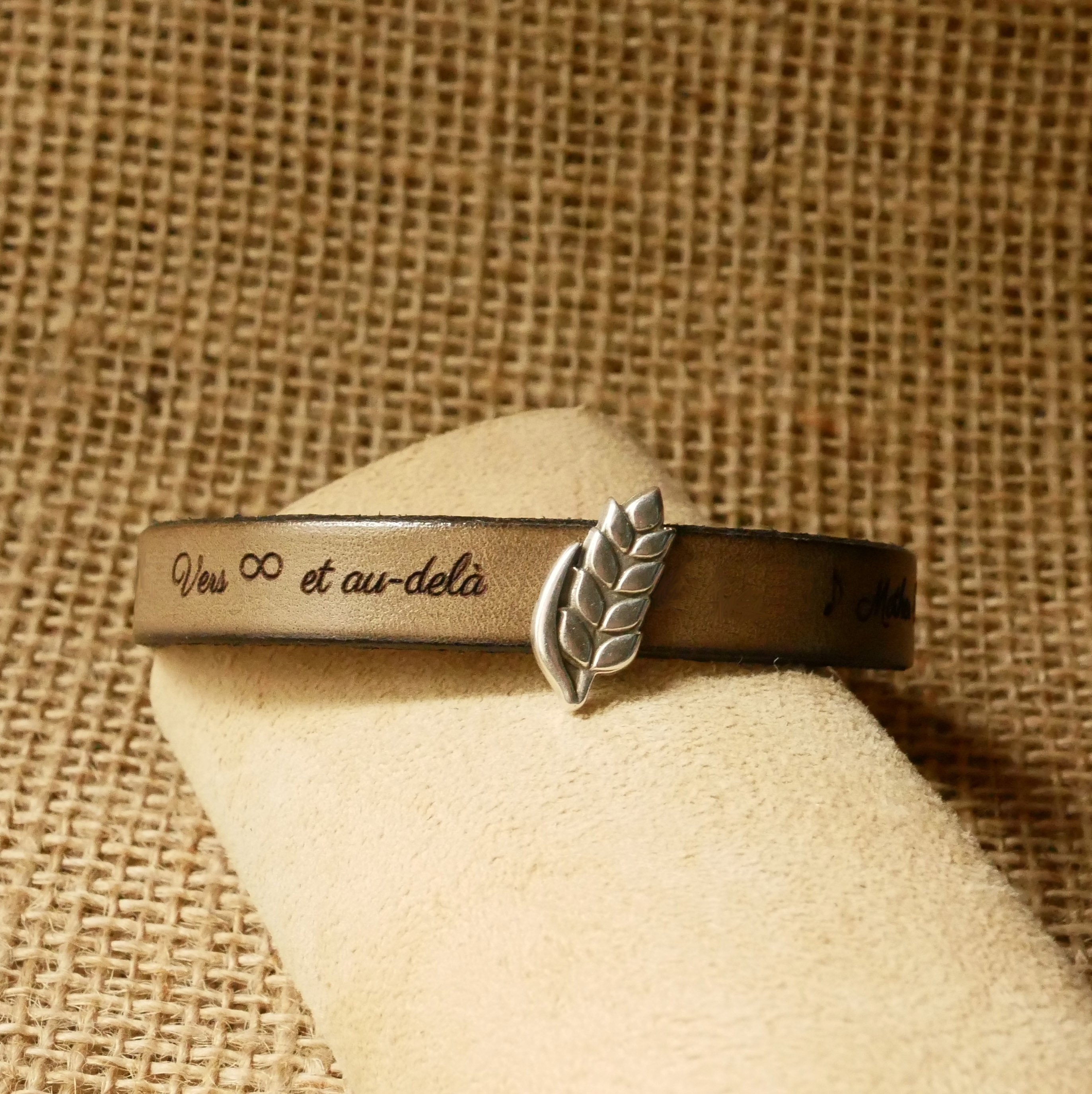 Customizable leather bracelet and loop Epi de bl&eacute;, noces de froment for men and women