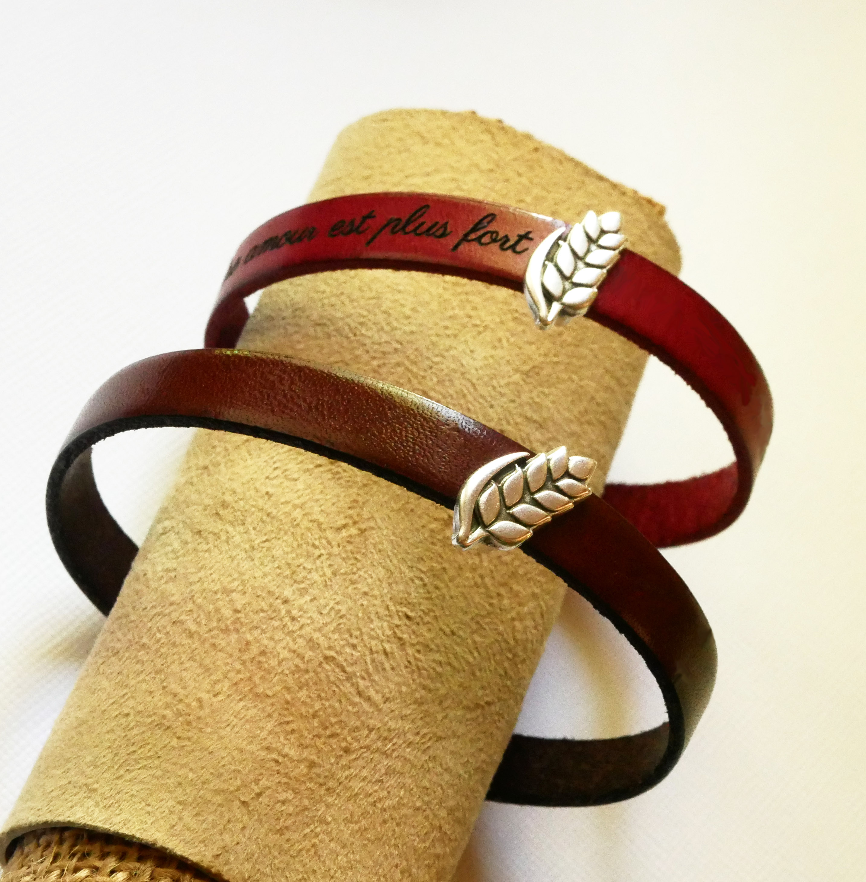 Customizable leather bracelet and loop Epi de blé, noces de froment for men and women
