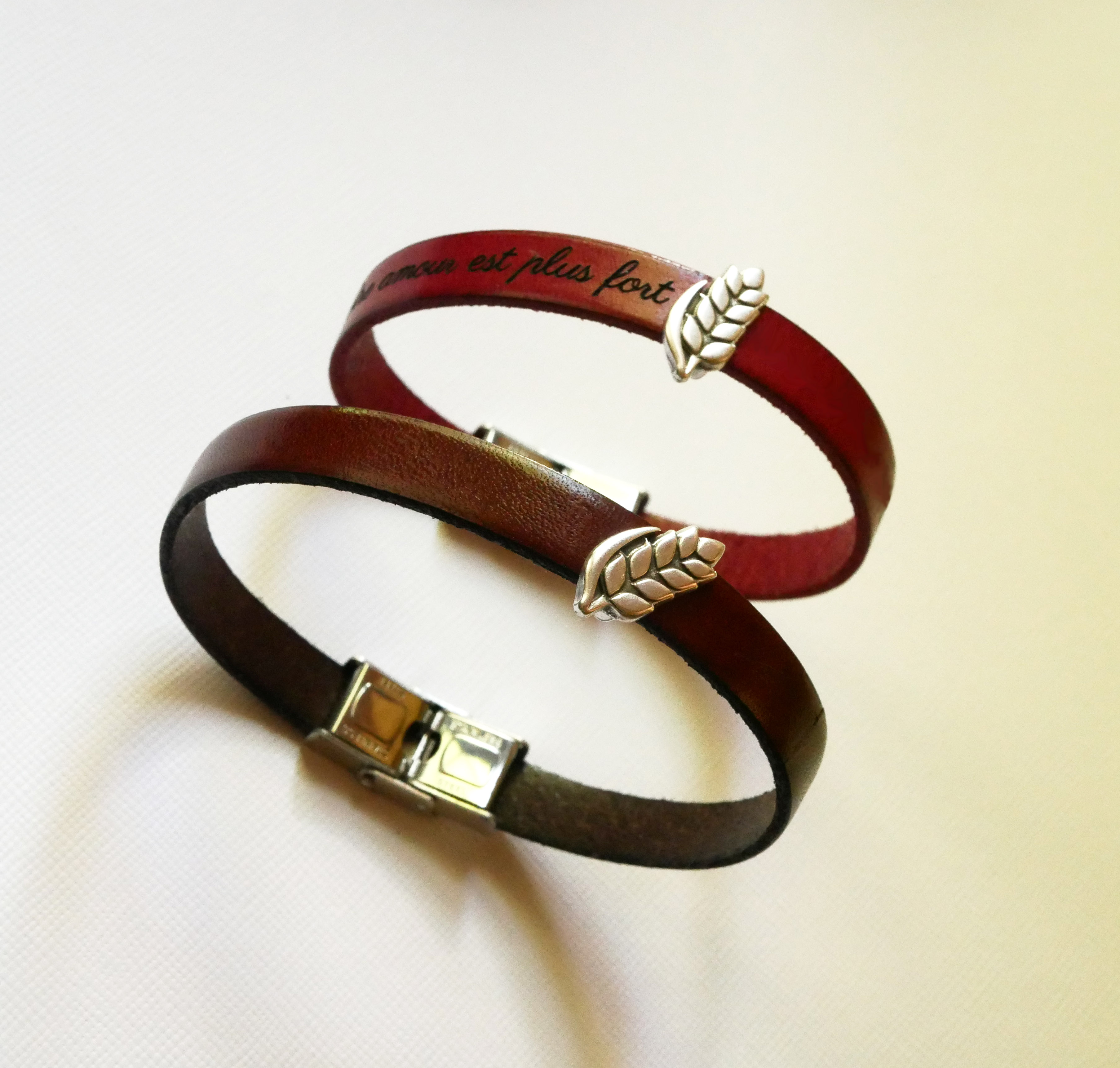 Customizable leather bracelet and loop Epi de blé, noces de froment for men and women