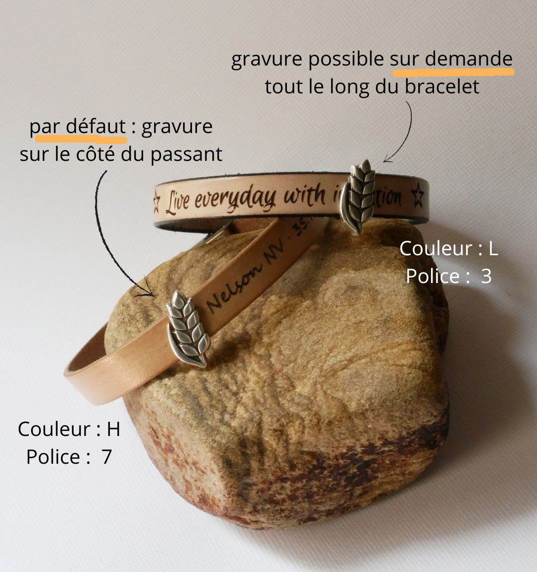Customizable leather bracelet and loop Epi de blé, noces de froment for men and women