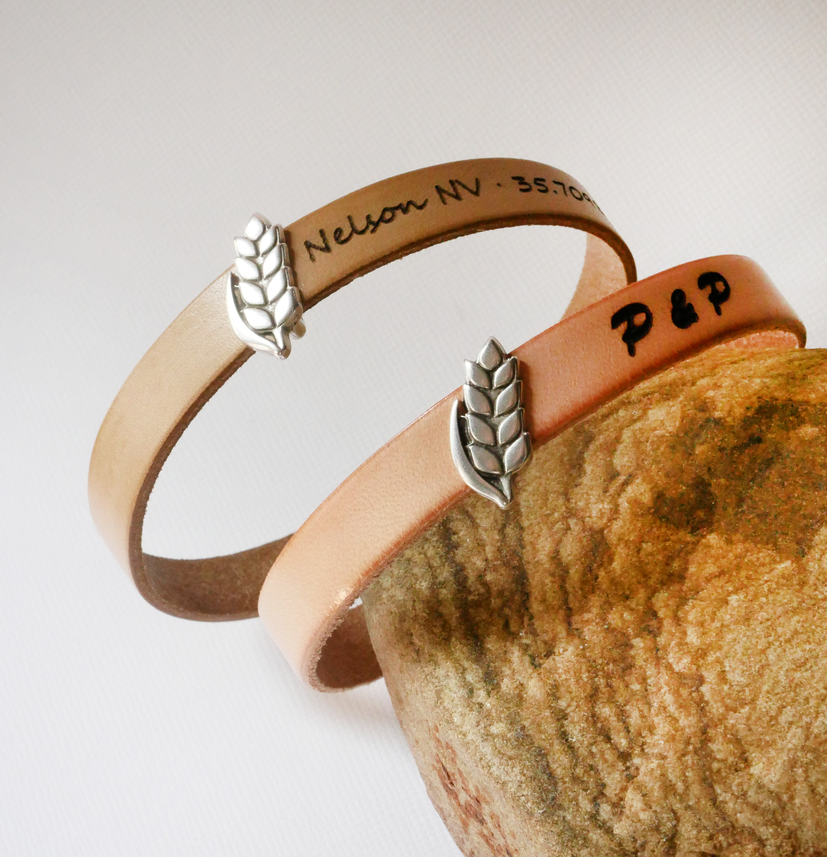 Customizable leather bracelet and loop Epi de bl&eacute;, noces de froment for men and women