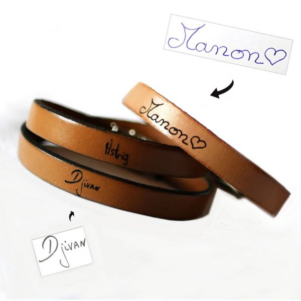 Customizable leather strap with single, double or triple turn handwriting engraving
