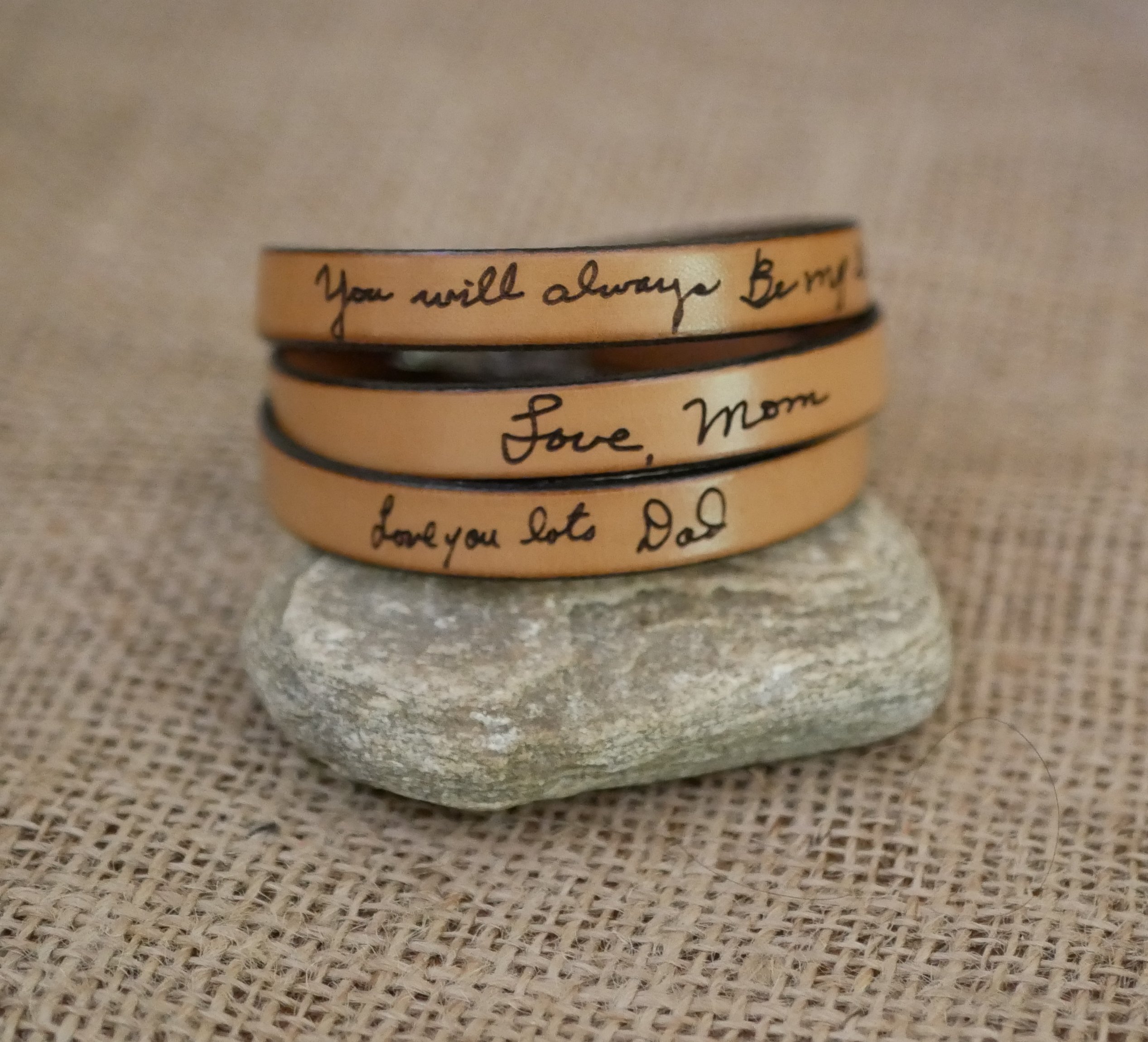 Customizable leather strap with single, double or triple turn handwriting engraving