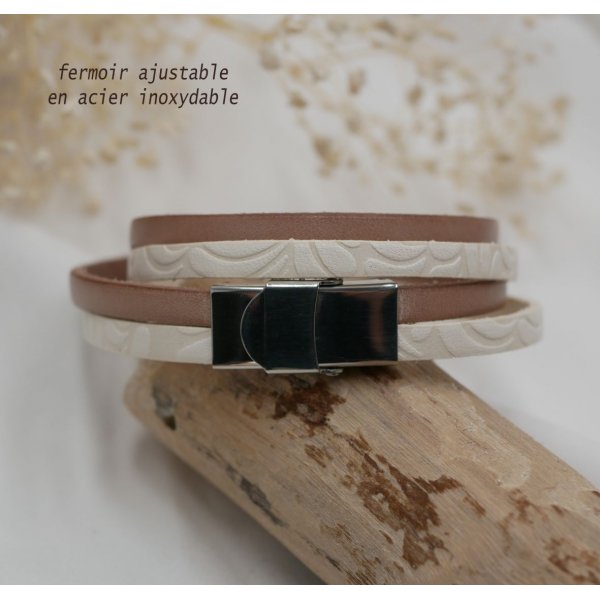 Double white leather bracelet with relief and color of your choice to be personalized by engraving