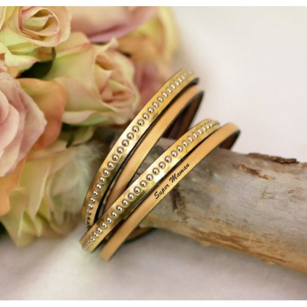 Double engraved leather bracelet with silver beads customizable