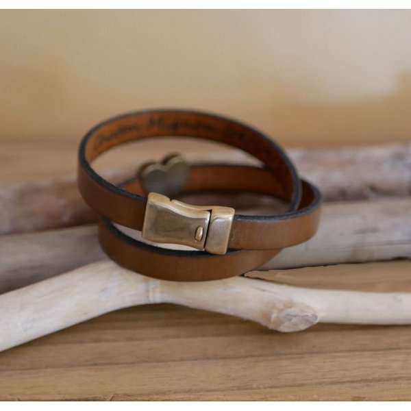 Double leather bracelet and bronze heart, possible engraving of your words
