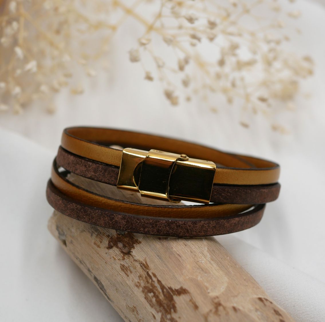 Double leather bracelet vintage brown and a color of your choice to customize by engraving