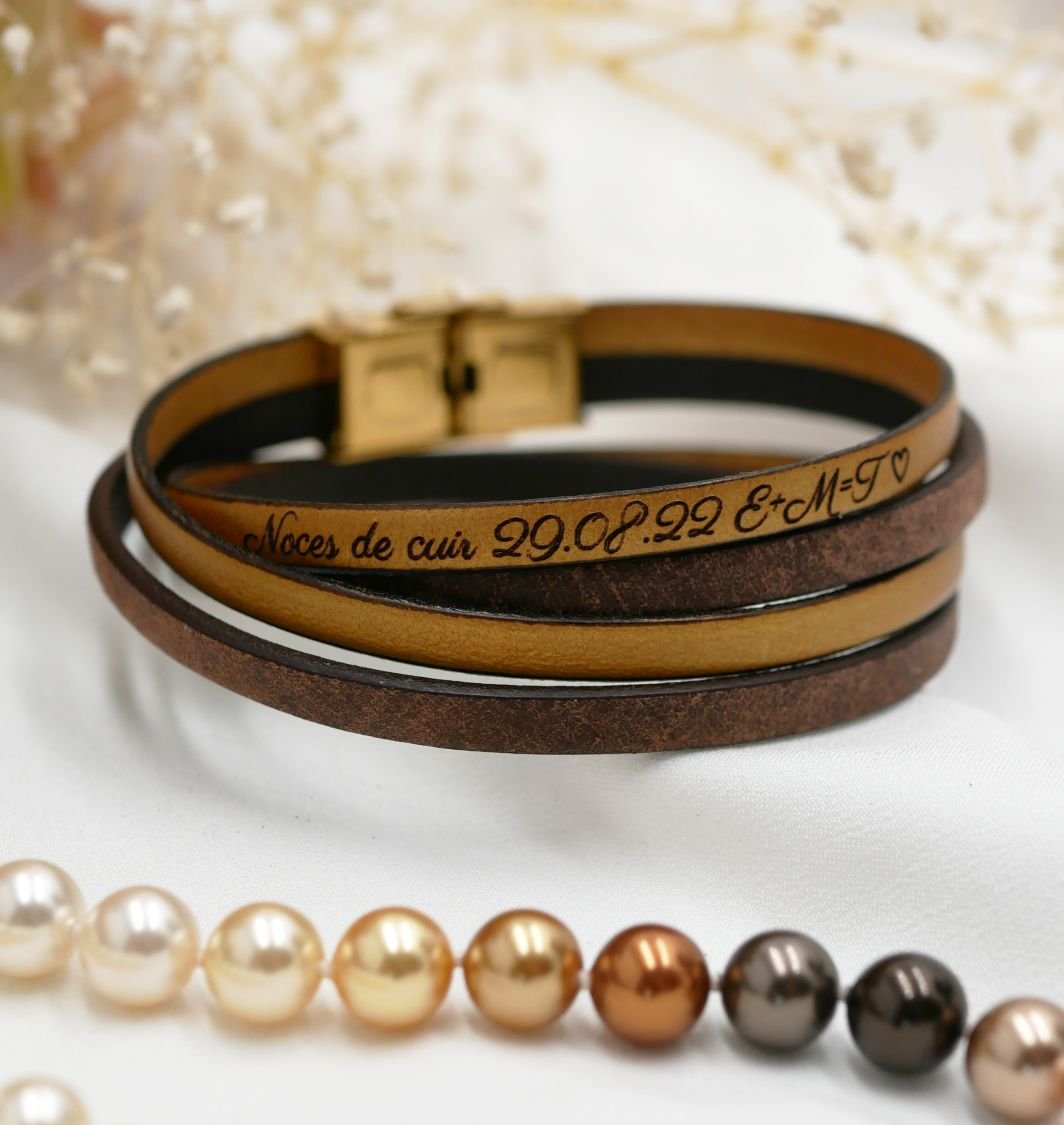 Double leather bracelet vintage brown and a color of your choice to customize by engraving