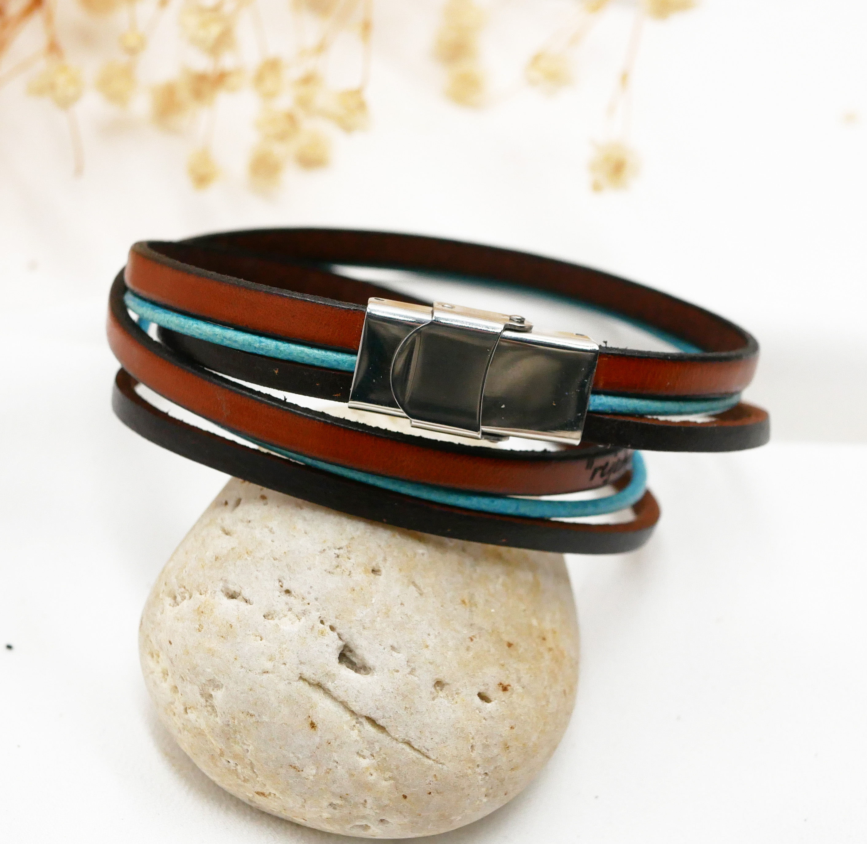 Vintage turquoise and brown multi-leather double-loop bracelet