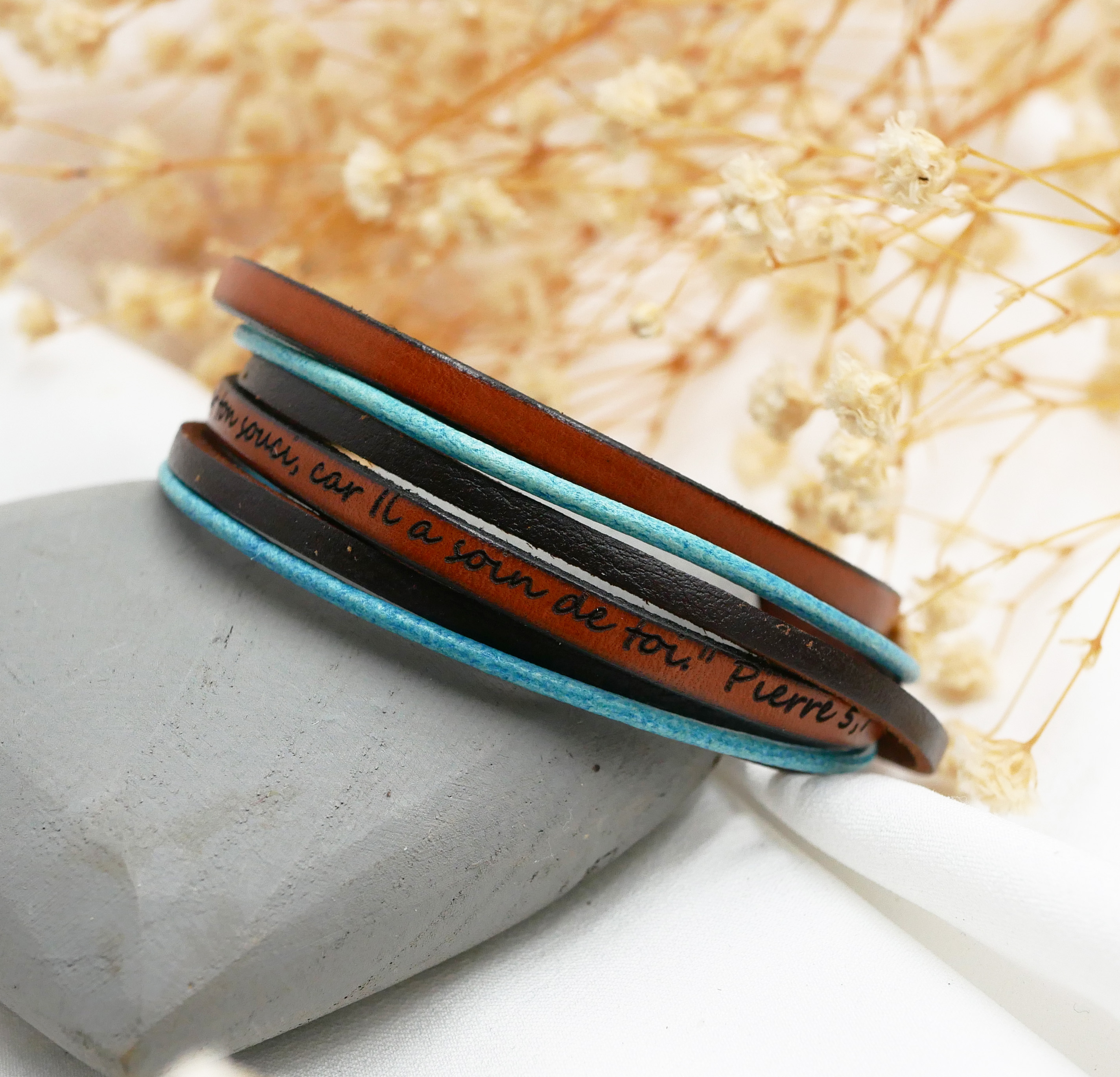 Vintage turquoise and brown multi-leather double-loop bracelet