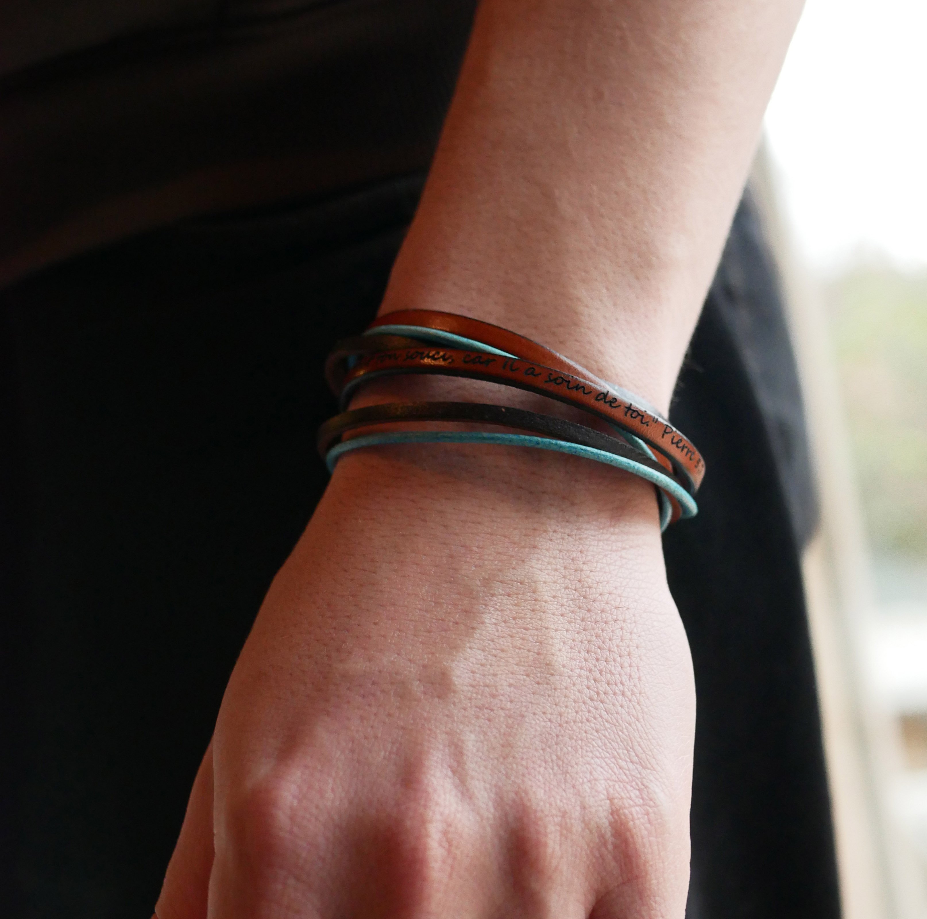 Vintage turquoise and brown multi-leather double-loop bracelet