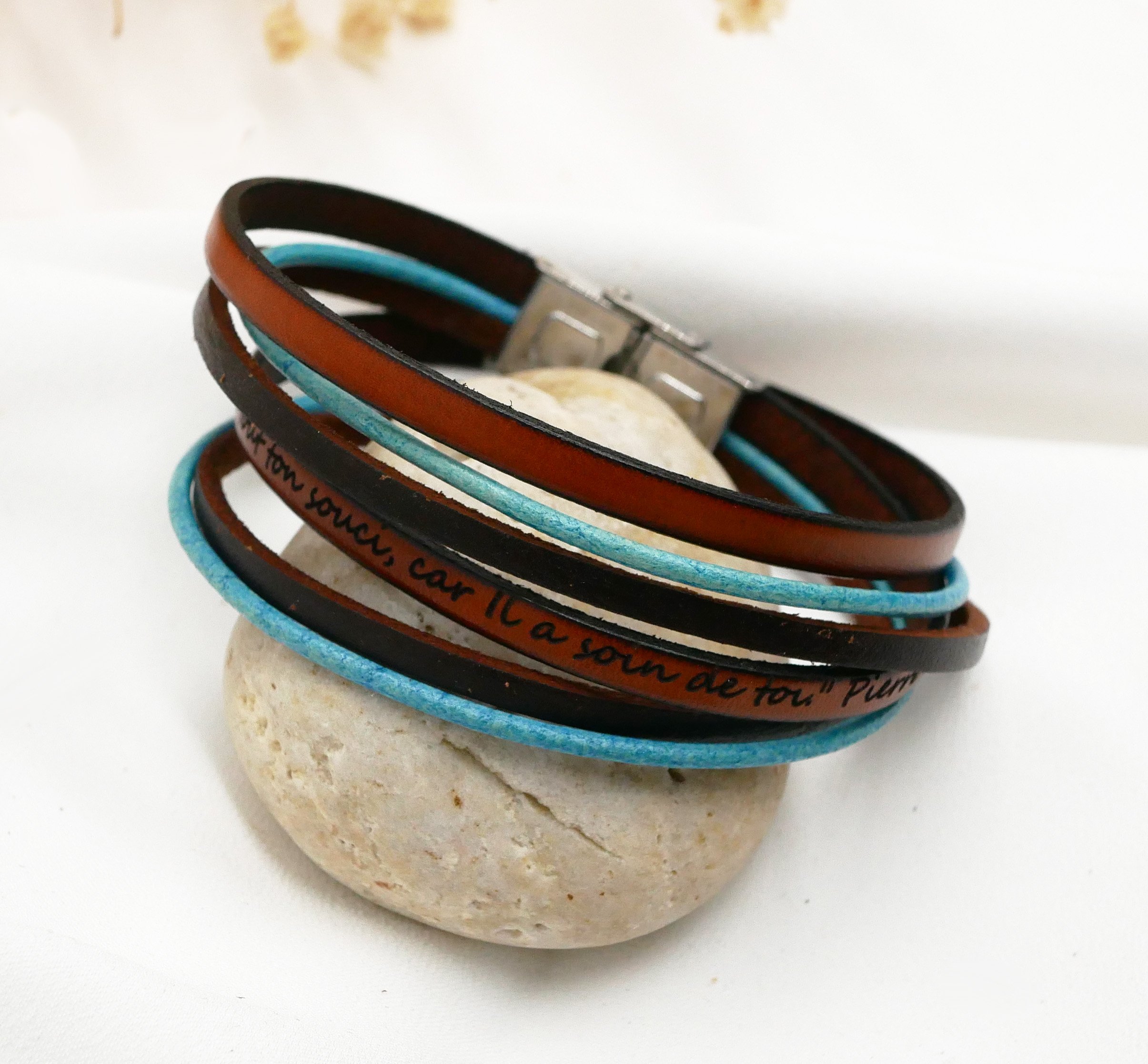 Vintage turquoise and brown multi-leather double-loop bracelet