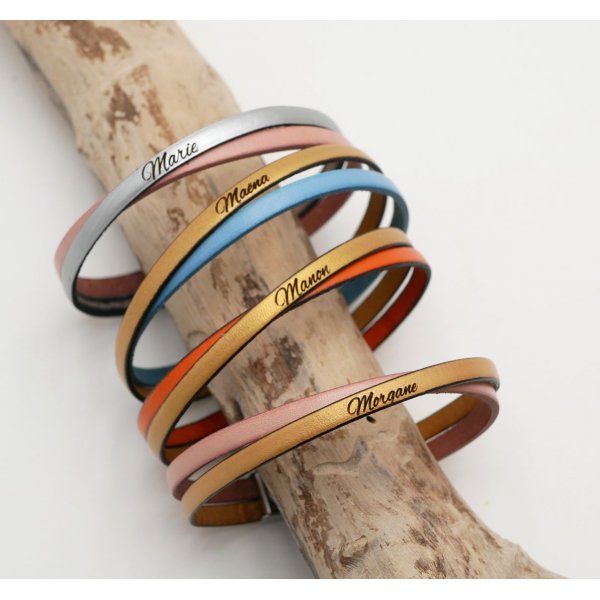 Personalized crossed leather duo bracelet for girl or woman 