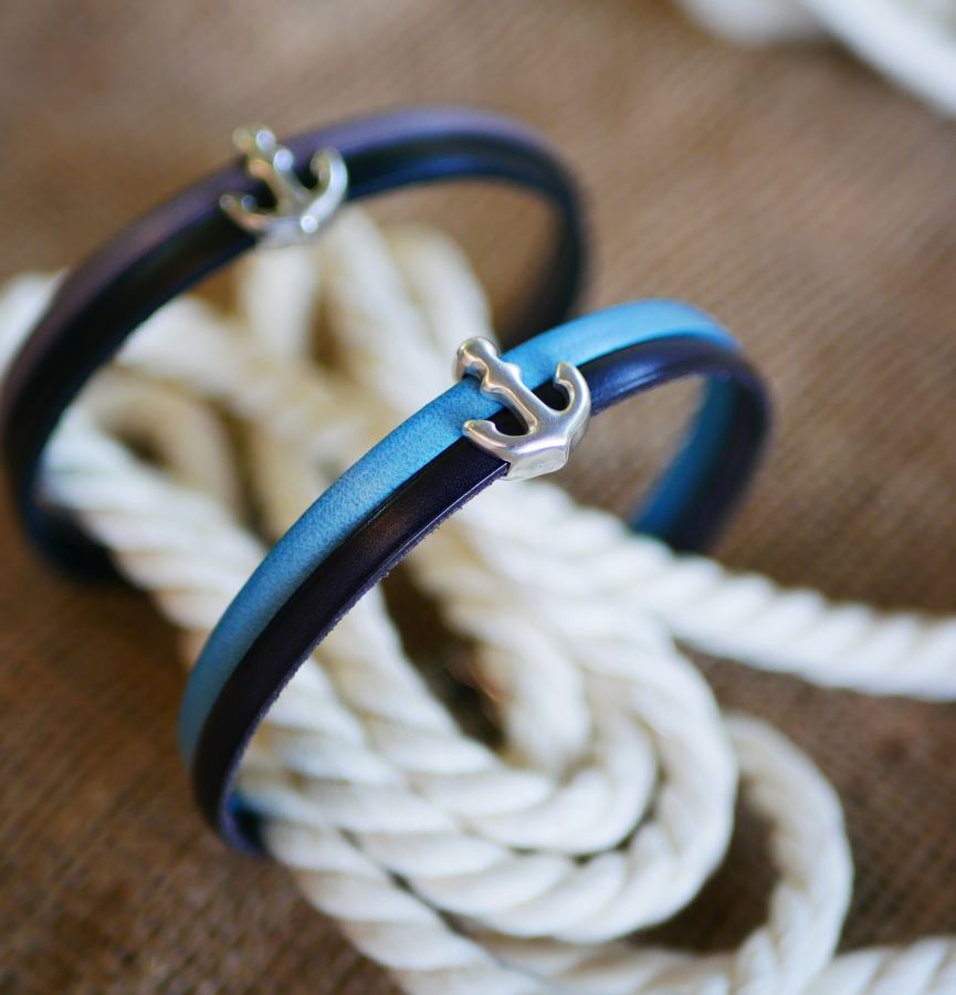 Leather duo bracelet with engraved navy anchor design