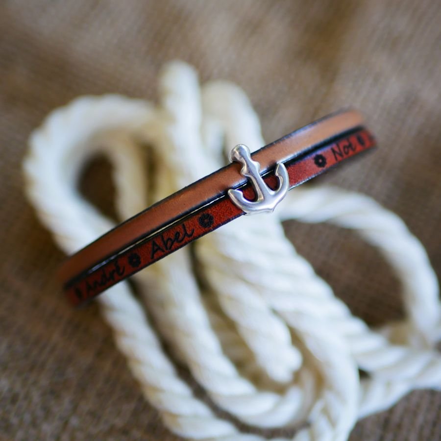 Leather duo bracelet with engraved navy anchor design