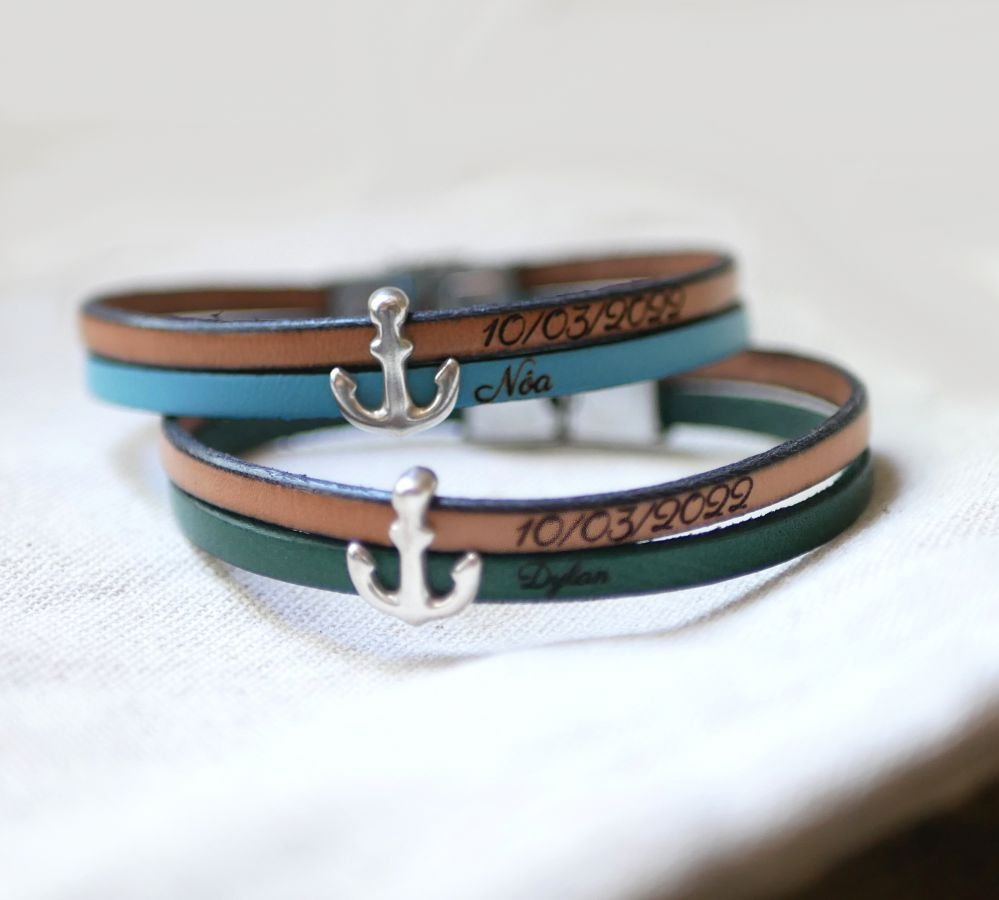 Leather duo bracelet with engraved navy anchor design