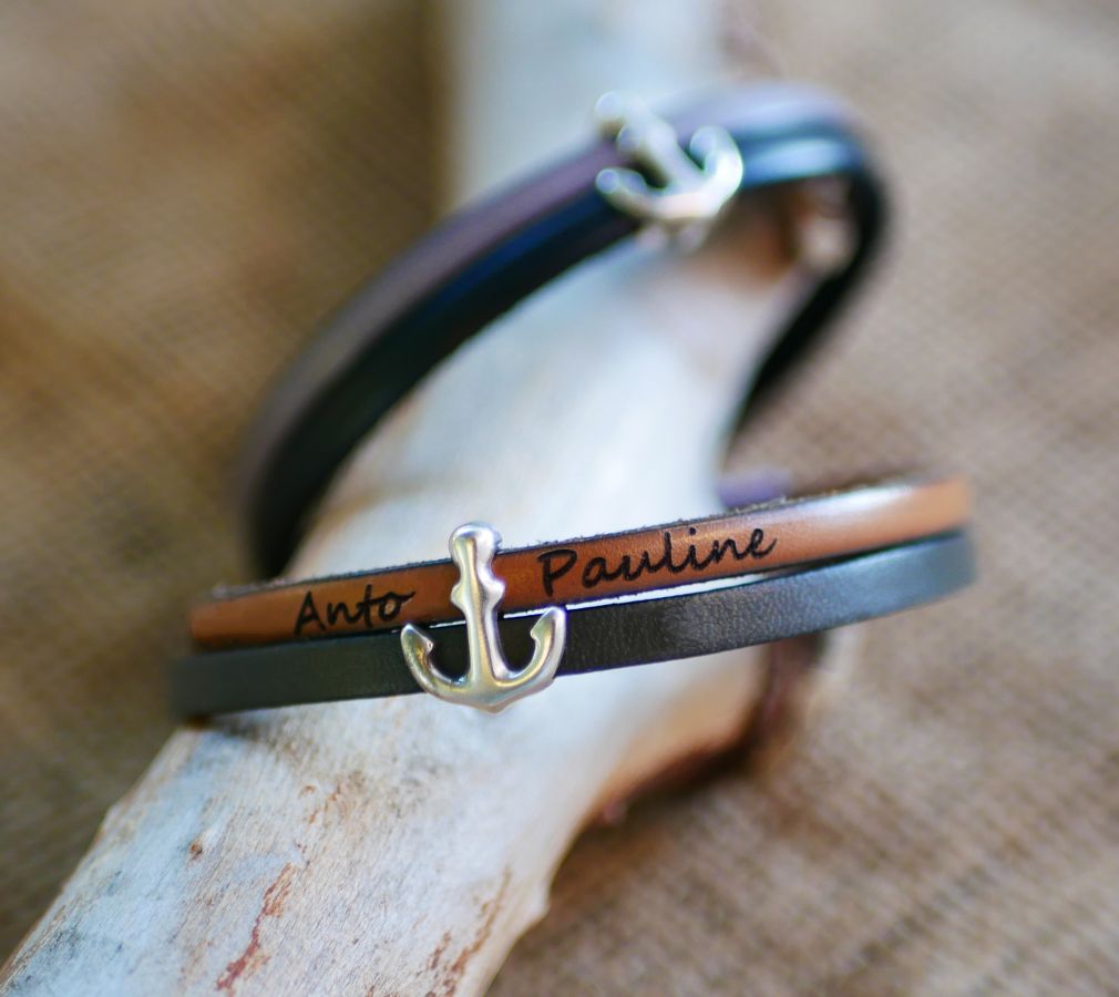 Leather duo bracelet with engraved navy anchor design