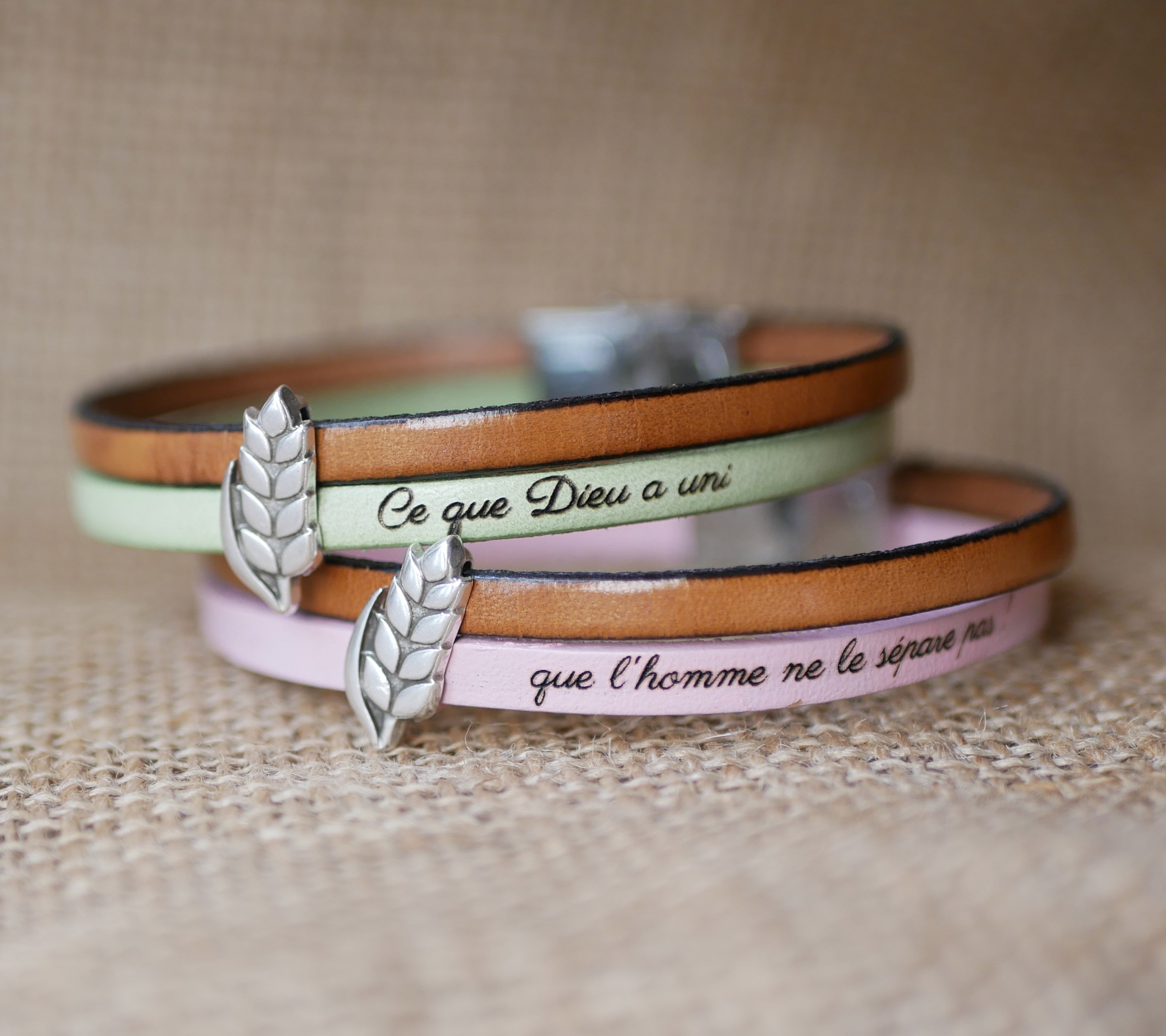 Bracelet duo of leather and wheat ear customizable, wedding of wheat man and woman