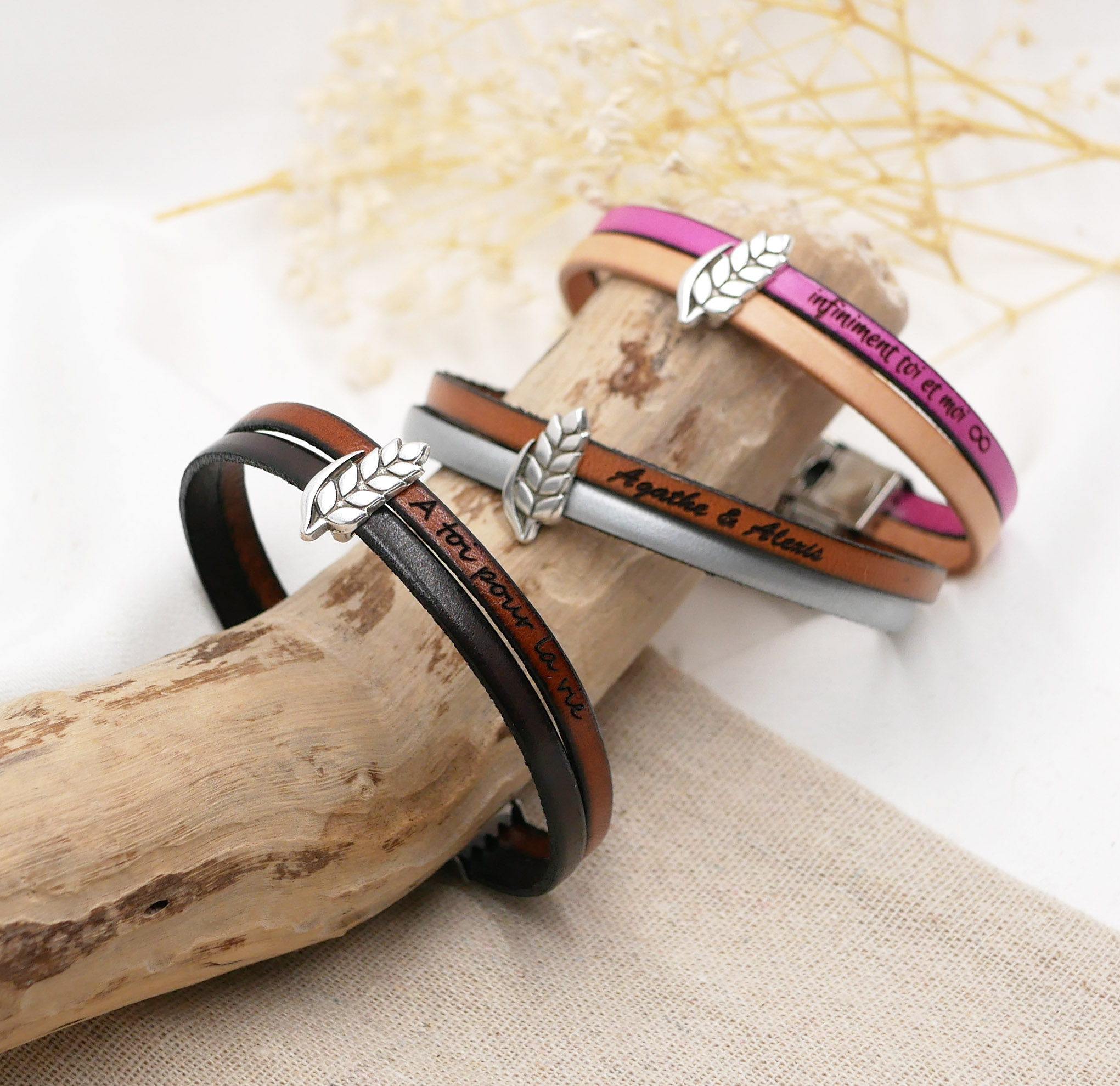 Bracelet duo of leather and wheat ear customizable, wedding of wheat man and woman
