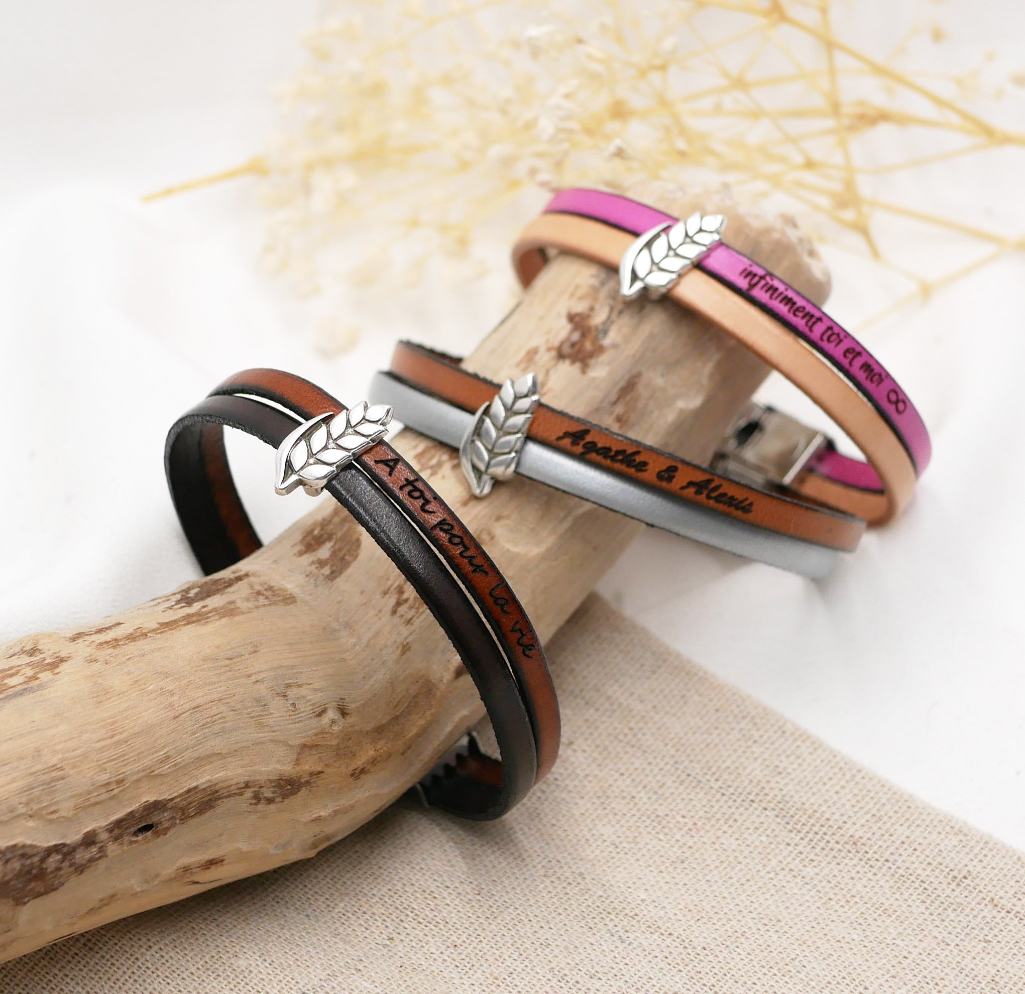 Bracelet duo of leather and wheat ear customizable, wedding of wheat man and woman