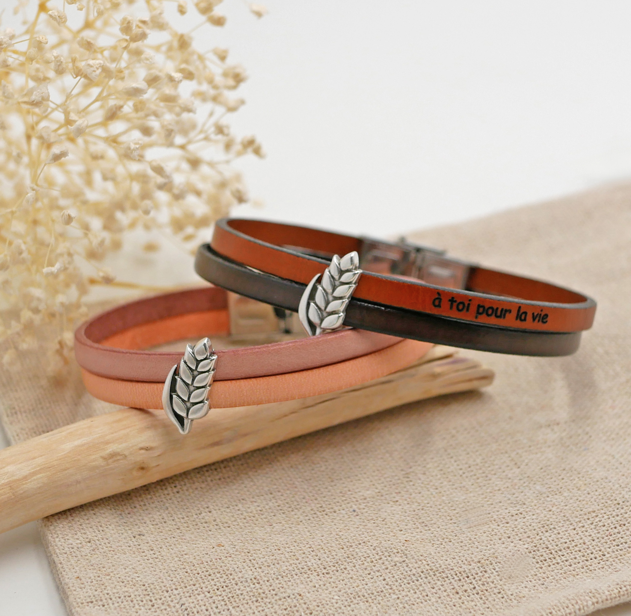 Bracelet duo of leather and wheat ear customizable, wedding of wheat man and woman