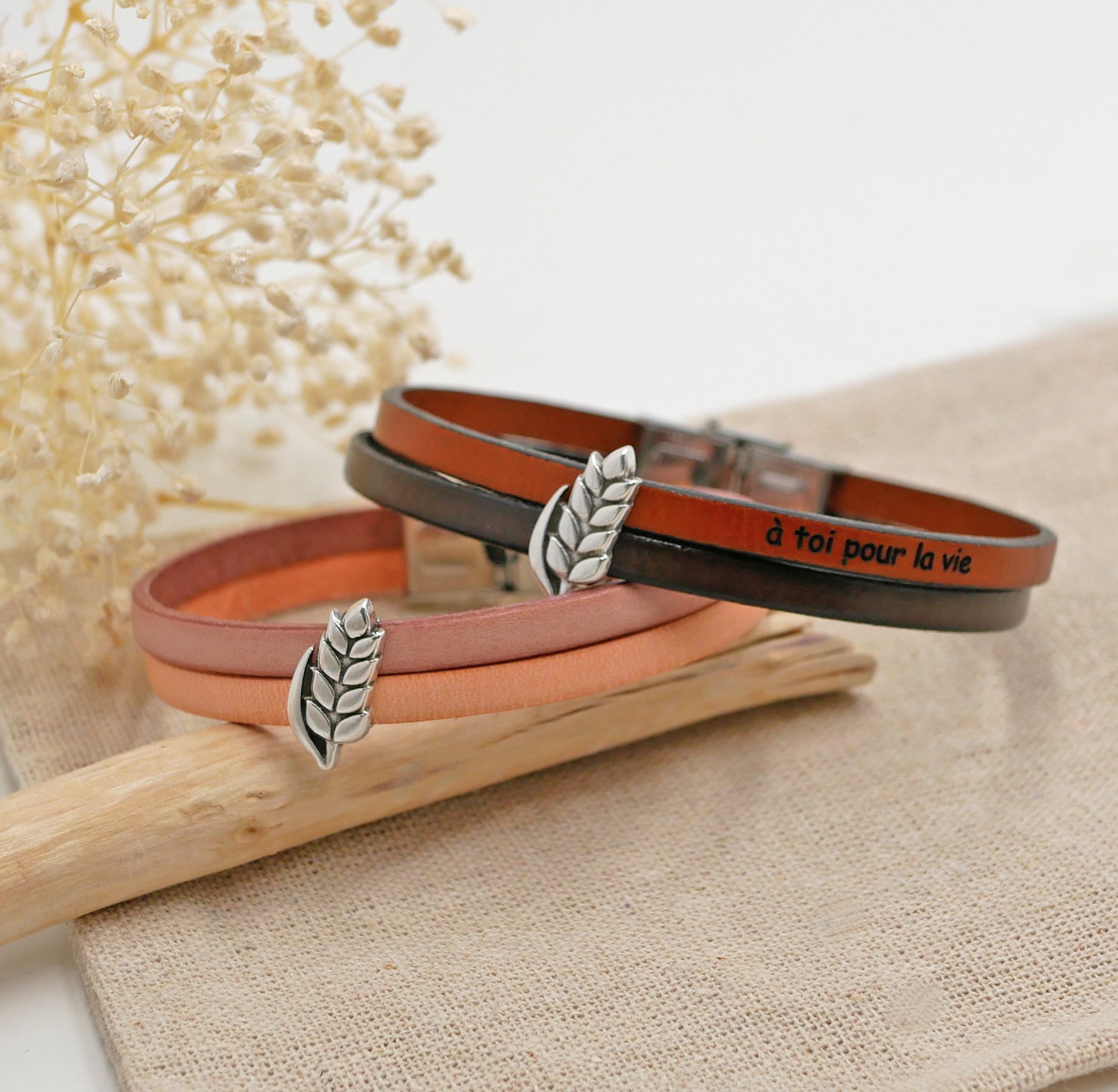 Bracelet duo of leather and wheat ear customizable, wedding of wheat man and woman