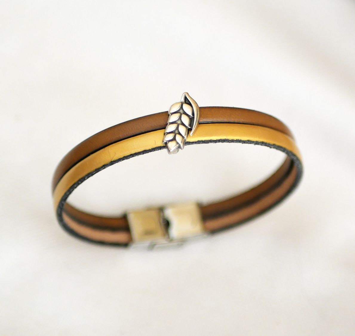 Bracelet duo of leather and wheat ear customizable, wedding of wheat man and woman