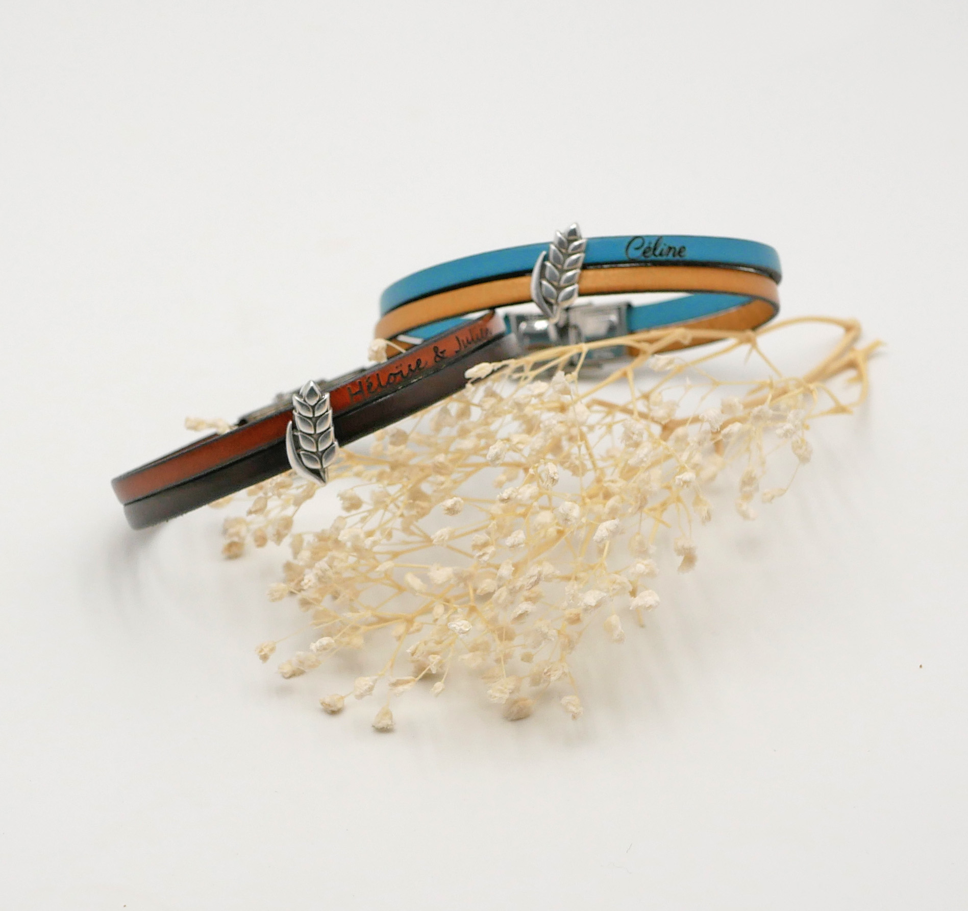 Bracelet duo of leather and wheat ear customizable, wedding of wheat man and woman