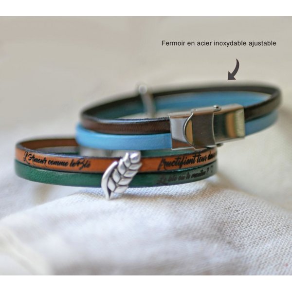 Bracelet duo of leather and wheat ear customizable, wedding of wheat man and woman