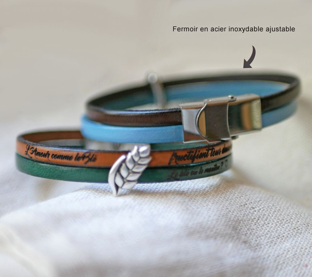 Bracelet duo of leather and wheat ear customizable, wedding of wheat man and woman