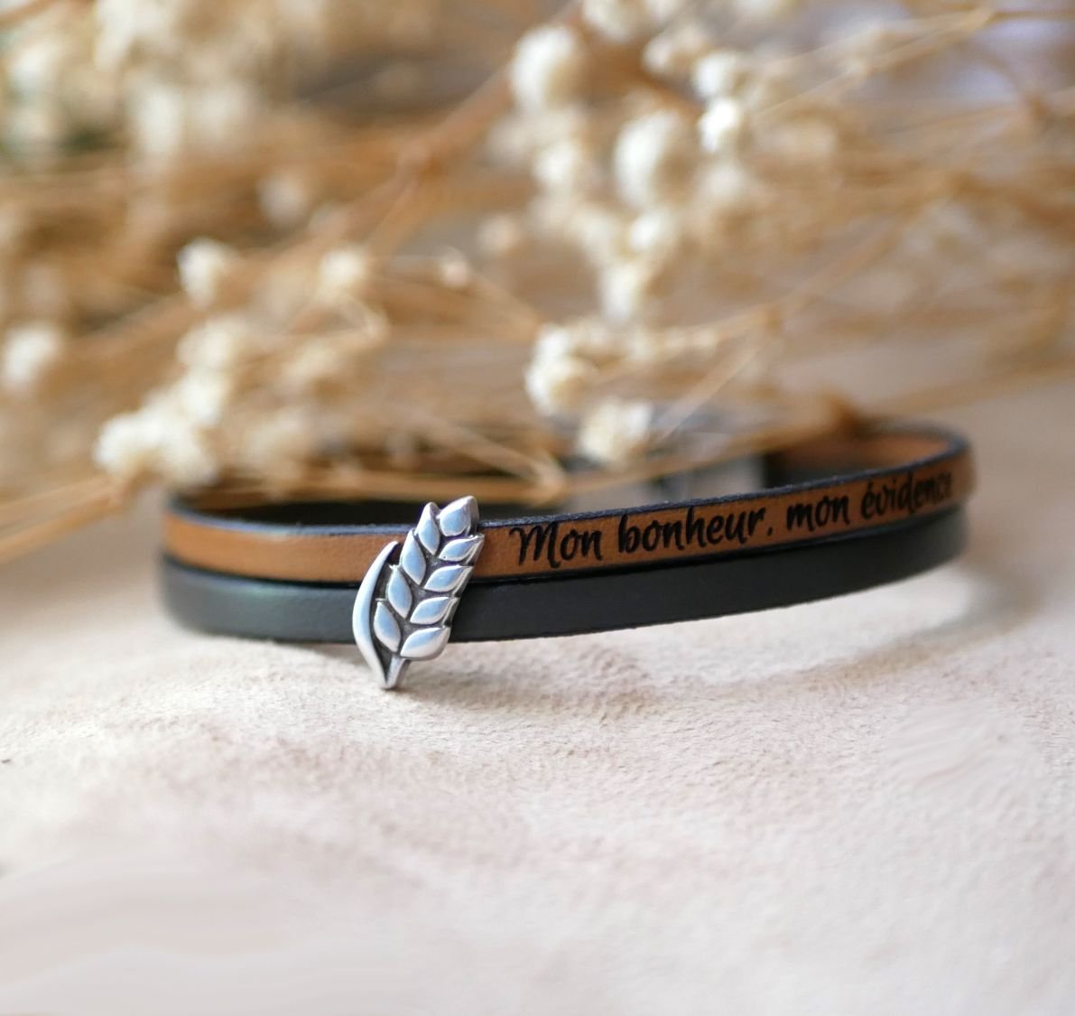 Bracelet duo of leather and wheat ear customizable, wedding of wheat man and woman