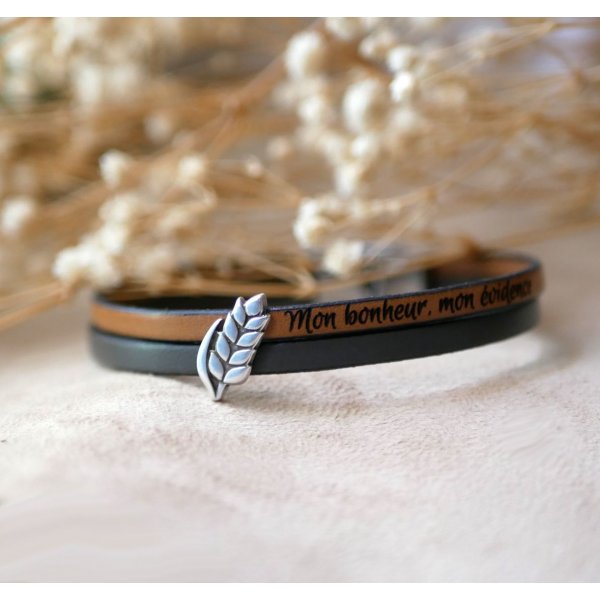 Bracelet duo of leather and wheat ear customizable, wedding of wheat man and woman