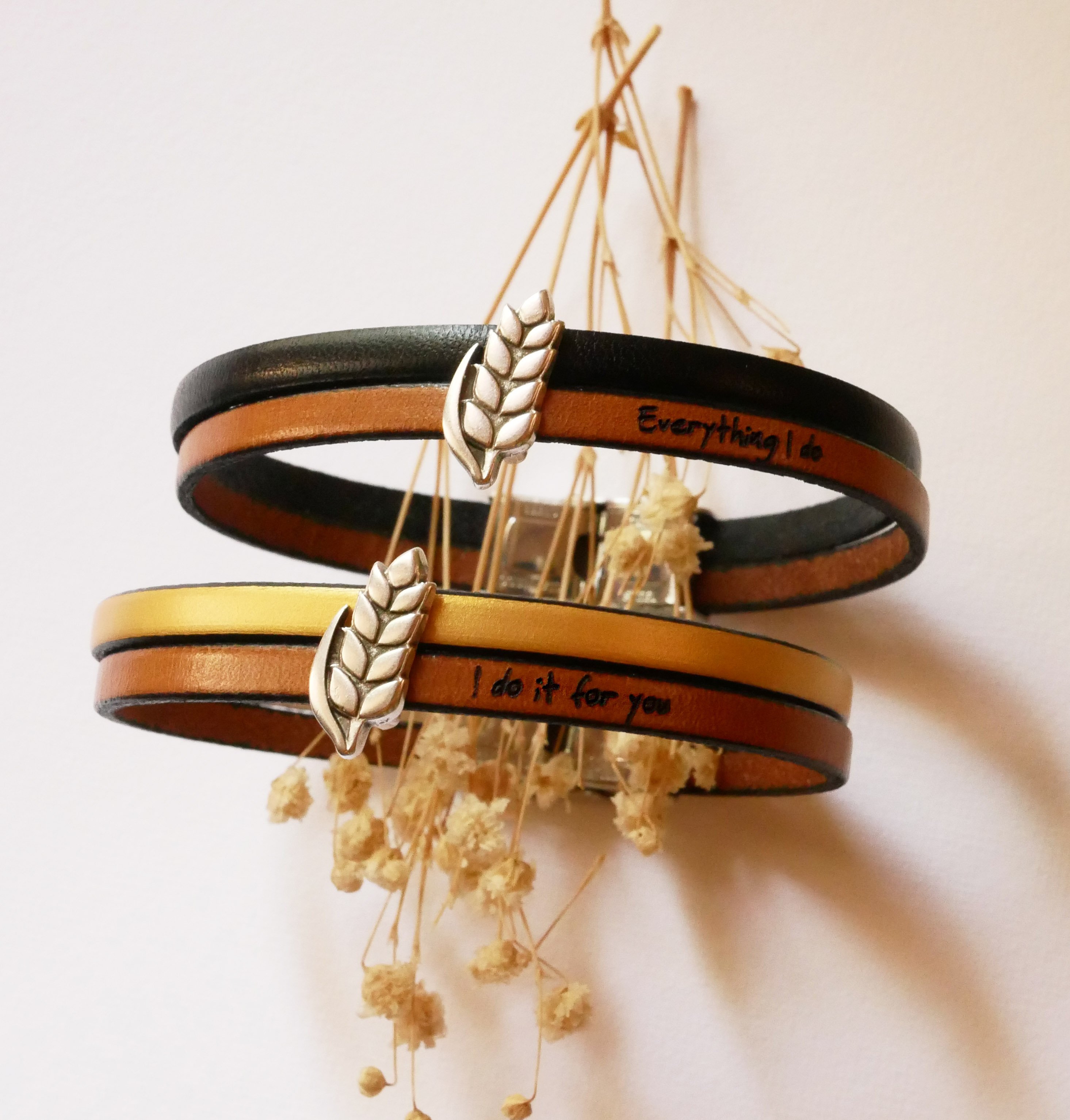 Bracelet duo of leather and wheat ear customizable, wedding of wheat man and woman