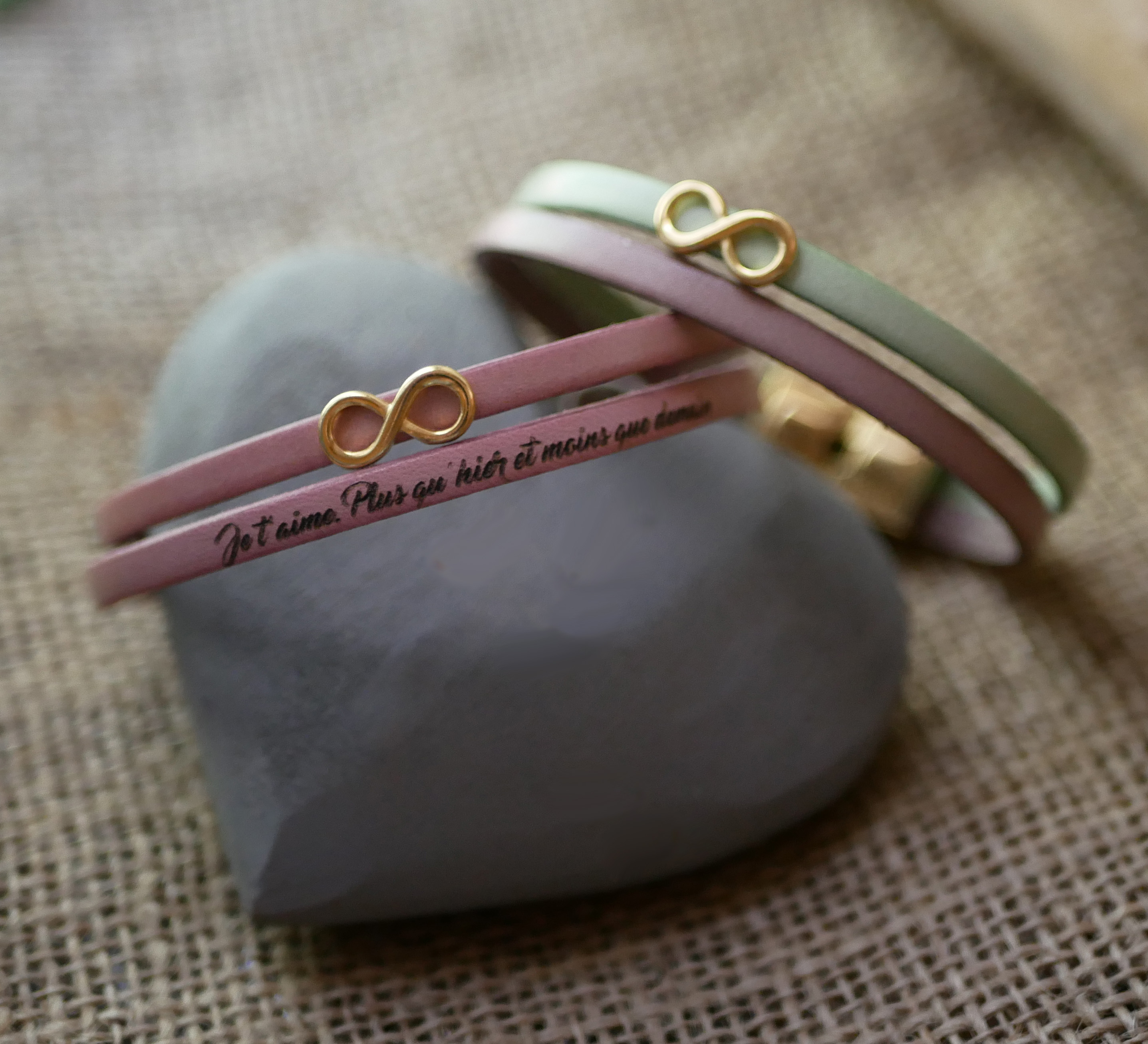 Gold infinity symbol leather duo bracelet to personalize  