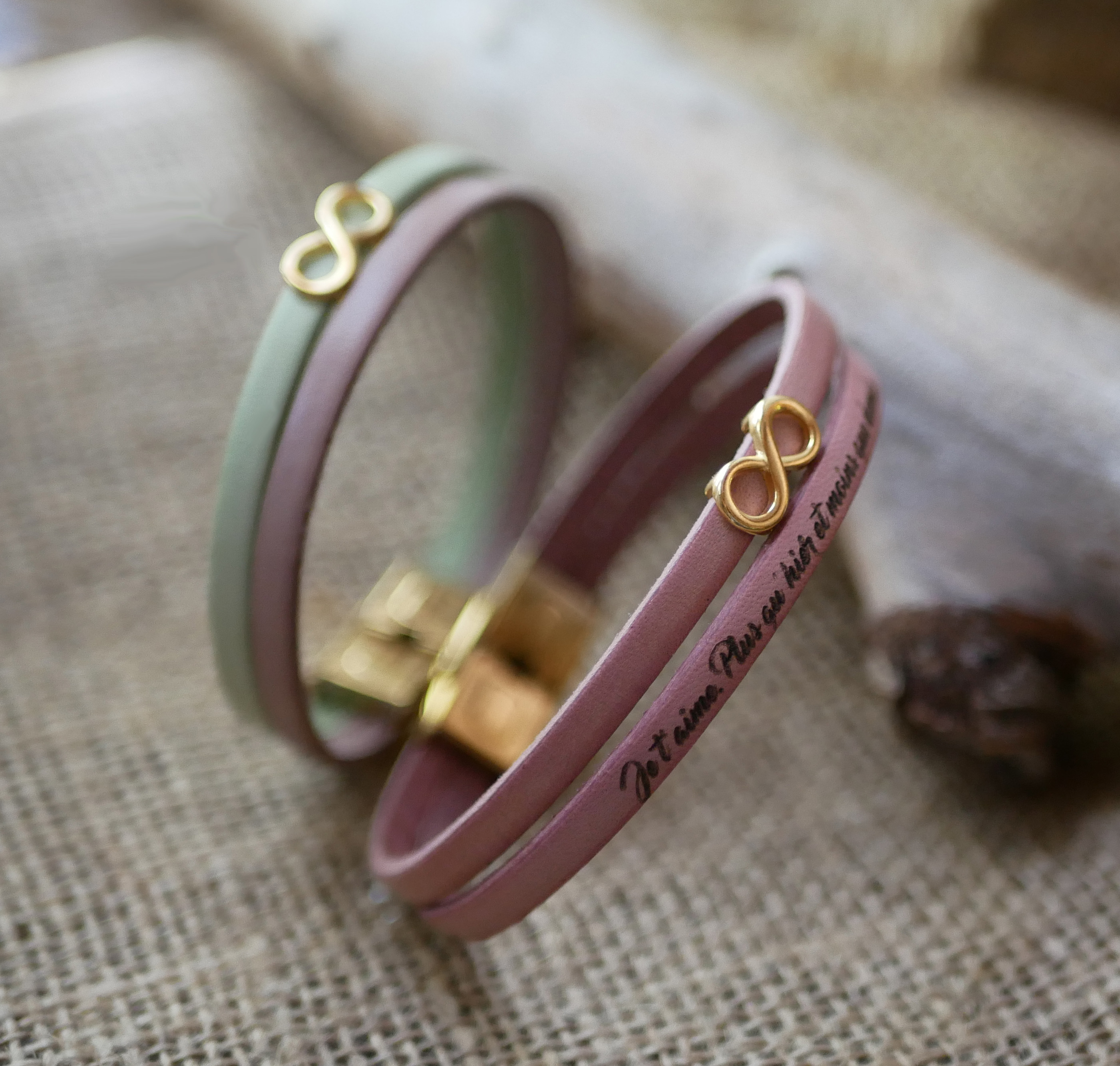 Gold infinity symbol leather duo bracelet to personalize  