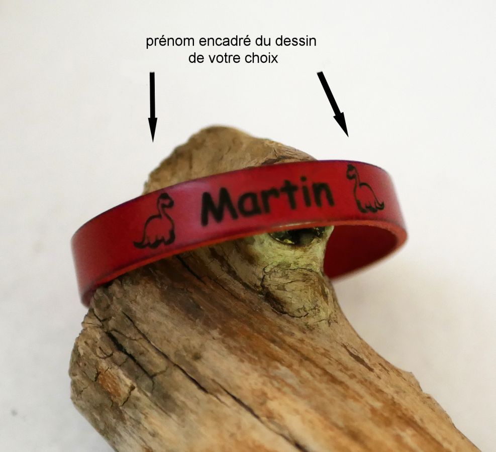 Personalized leather bracelet for children engraved first name framed with drawings of your choice