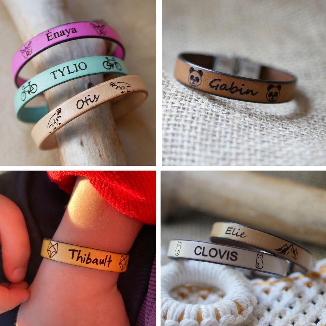 Personalized leather bracelet for children engraved first name framed with drawings of your choice