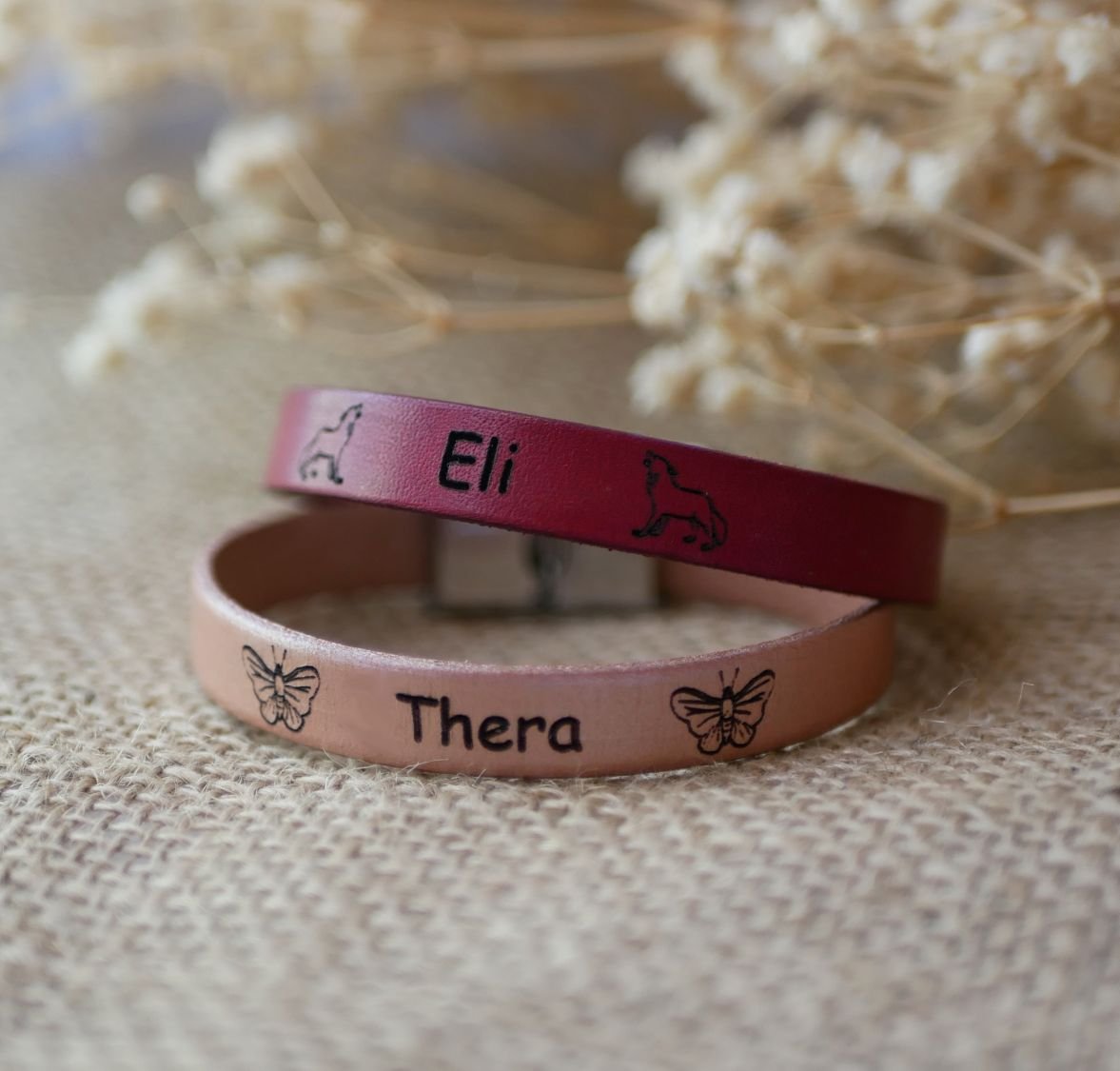 Personalized leather bracelet for children engraved first name framed with drawings of your choice