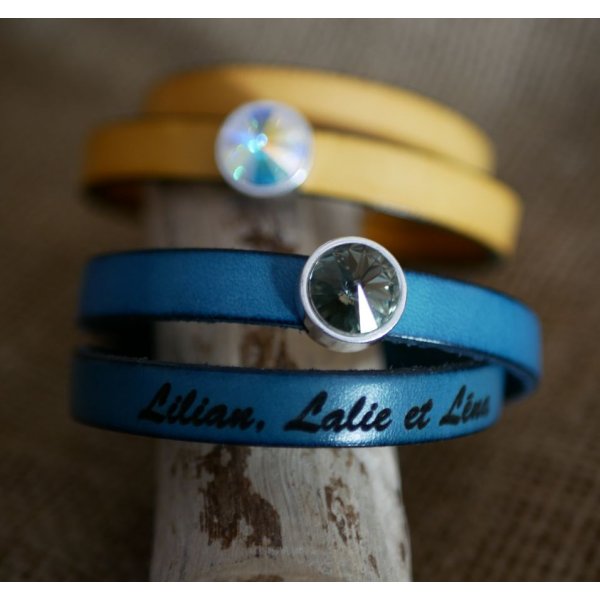 Leather bracelet woman double turns to be personalized decorated with a Swarovski crystal cabochon 