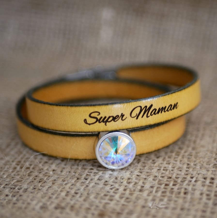 Leather bracelet woman double turns to be personalized decorated with a Swarovski crystal cabochon 